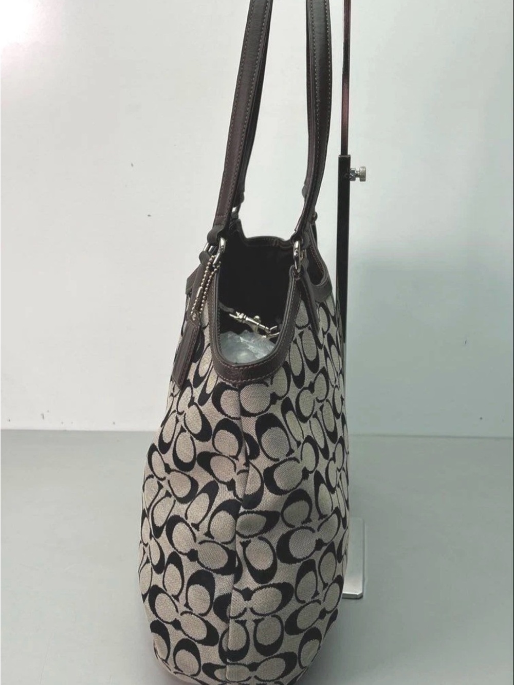 Coach Signature (black) Snakeskin Stripe Saddle Tote F31444 Brown Leather Trim - Picture 4 of 16